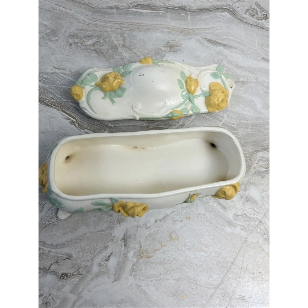 Antique Victorian Porcelain Yellow Rose Jewelry/Trinket Storage Box